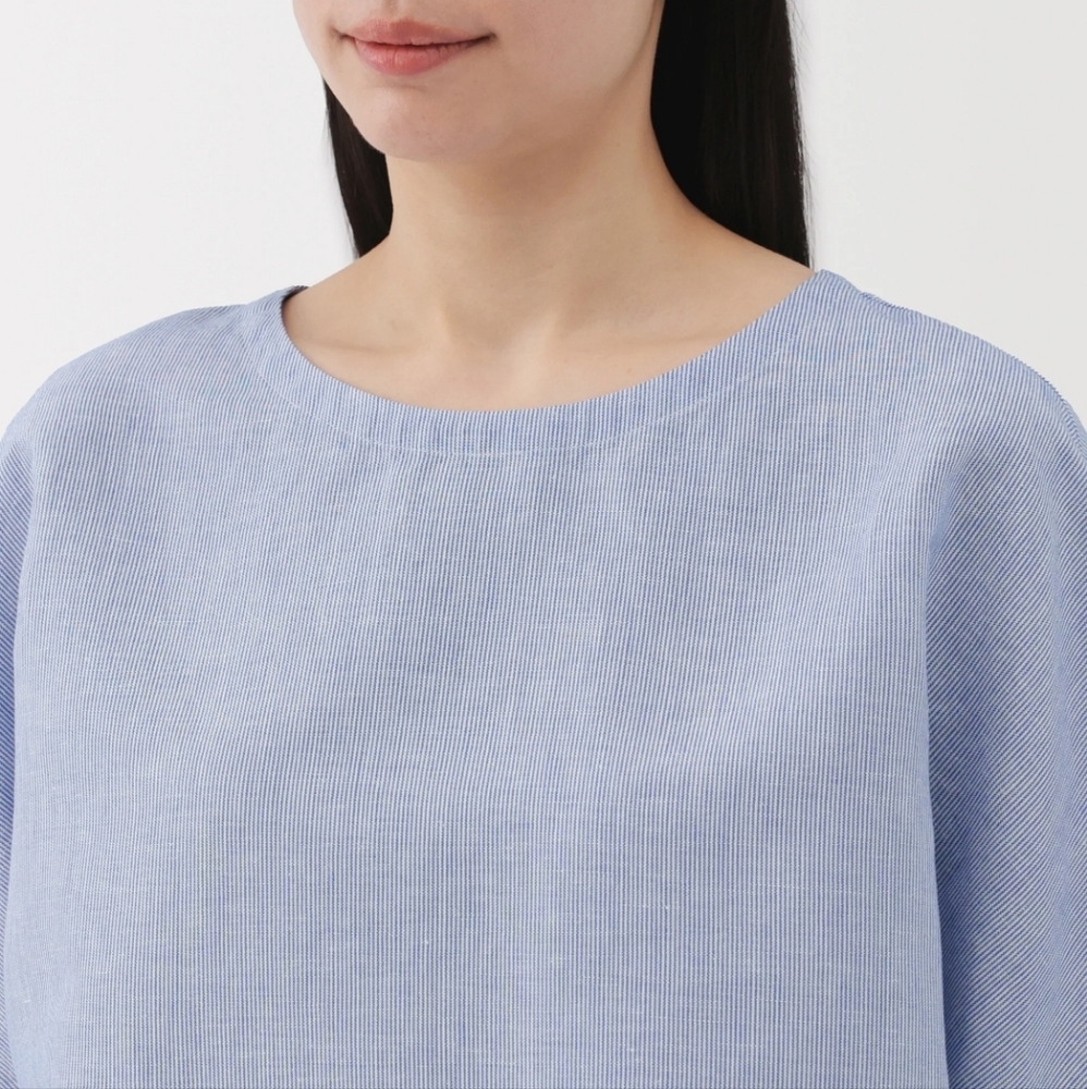 MUJI Women's Hemp Cotton Short Sleeve Blue Striped Blouse cooling fabric - Picture 4 of 6